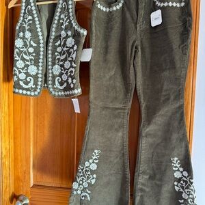 Altar'd State Brown and White Embroidered Vest NWT and Flare Pants size 25 NWT.